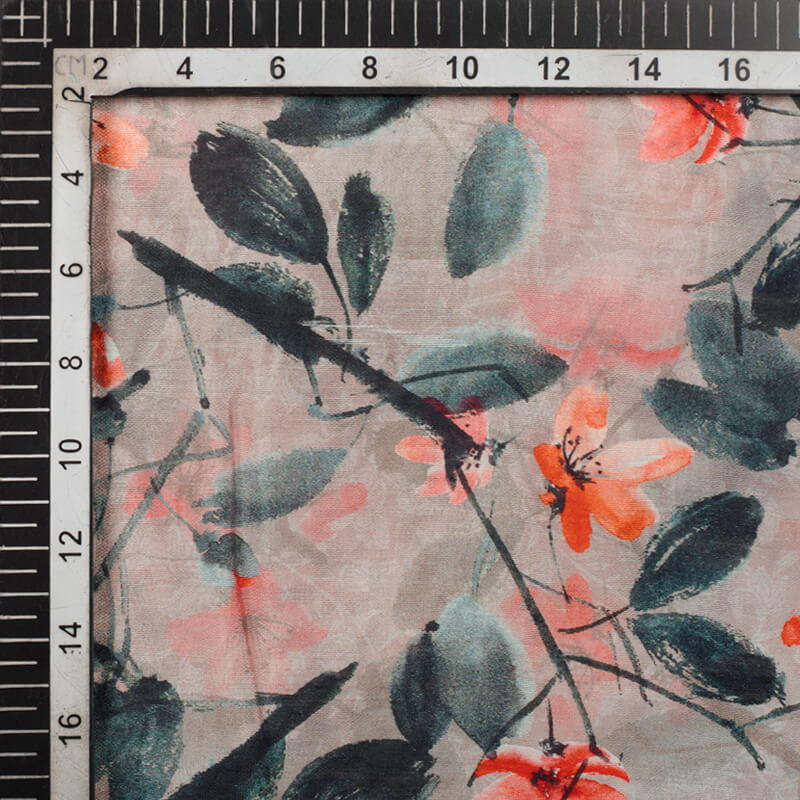 Grey And Orange Floral Pattern Digital Print Viscose Chanderi Fabric - Fabcurate