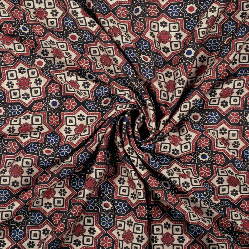 Beige And Black Geometric Pattern Digital Print Viscose Chanderi Fabric - Fabcurate