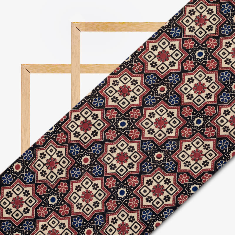 Beige And Black Geometric Pattern Digital Print Viscose Chanderi Fabric - Fabcurate