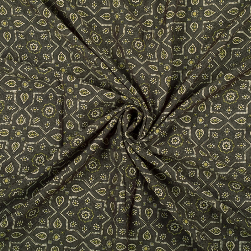 Dark Grey And Beige Geometric Pattern Digital Print Viscose Chanderi Fabric - Fabcurate