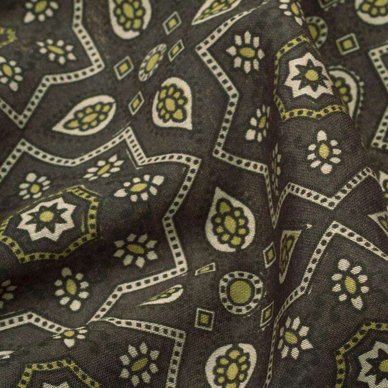 Dark Grey And Beige Geometric Pattern Digital Print Viscose Chanderi Fabric - Fabcurate