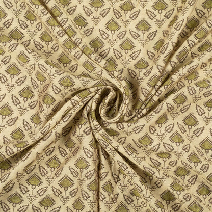 Cream And Brown Ethnic Pattern Digital Print Viscose Chanderi Fabric - Fabcurate