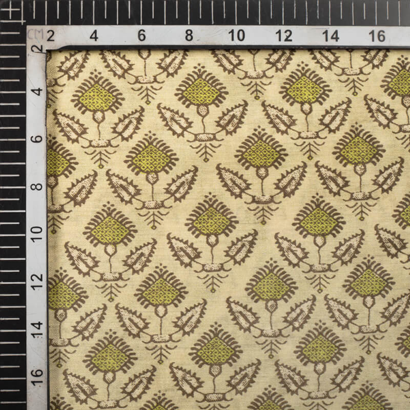 Cream And Brown Ethnic Pattern Digital Print Viscose Chanderi Fabric - Fabcurate