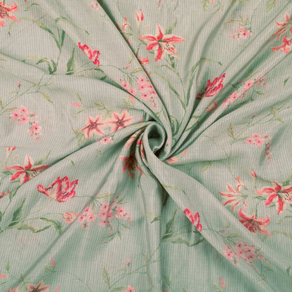 Grey And Pink Floral Pattern Digital Print Viscose Chanderi Fabric - Fabcurate