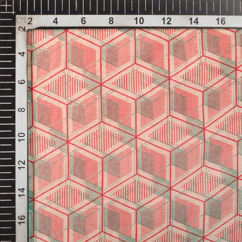 Beige And Punch Pink Geometric Pattern Digital Print Viscose Chanderi Fabric - Fabcurate