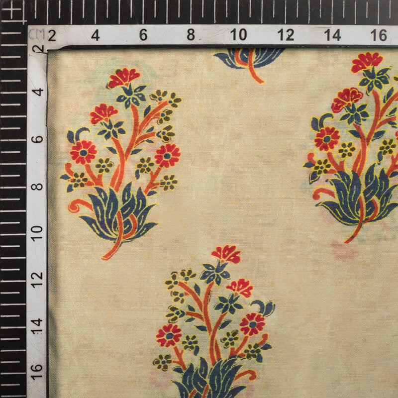 Cream And Dark Grey Mughal Pattern Digital Print Viscose Chanderi Fabric - Fabcurate