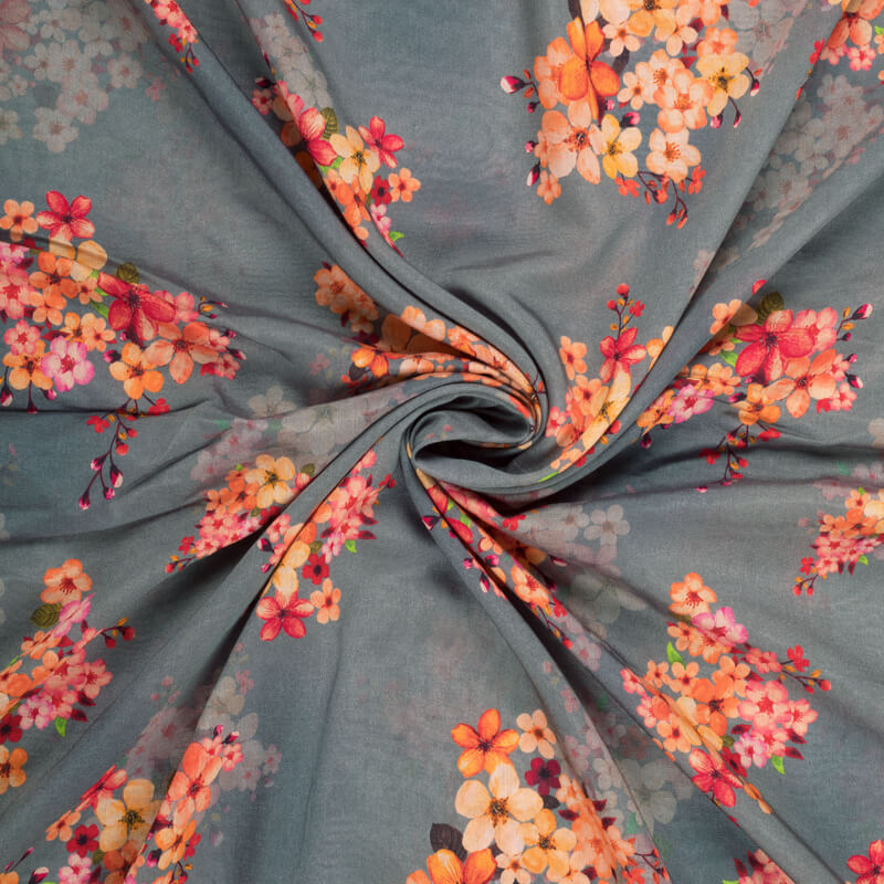 Steel Grey And Orange Floral Pattern Digital Print Viscose Chanderi Fabric - Fabcurate