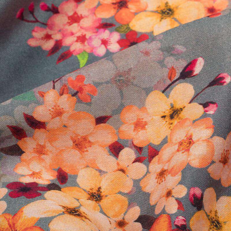 Steel Grey And Orange Floral Pattern Digital Print Viscose Chanderi Fabric - Fabcurate