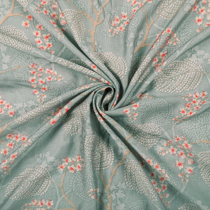 Grey And Orange Floral Pattern Digital Print Viscose Chanderi Fabric - Fabcurate