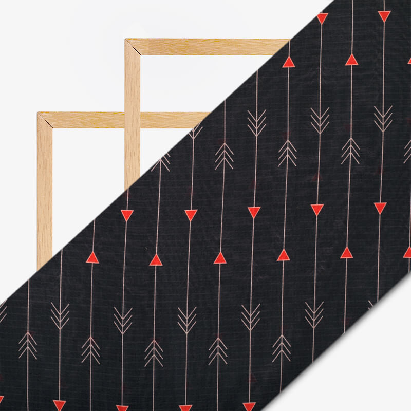 Black And Orange Stripes Pattern Digital Print Viscose Chanderi Fabric - Fabcurate