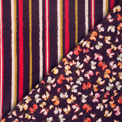 Dark Purple And Fuchsia Pink Stripes Pattern Digital Print Viscose Chanderi Fabric - Fabcurate