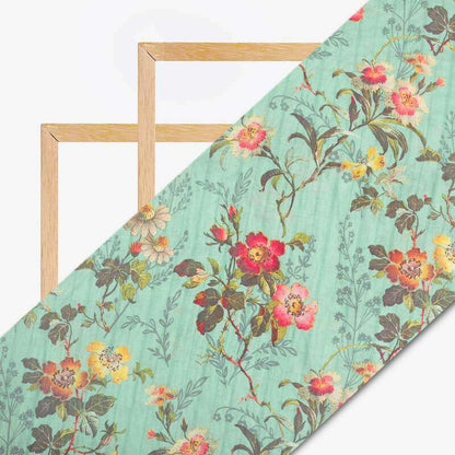 Light Pistachio Green And Dark Pink Floral Pattern Digital Print Viscose Chanderi Fabric - Fabcurate