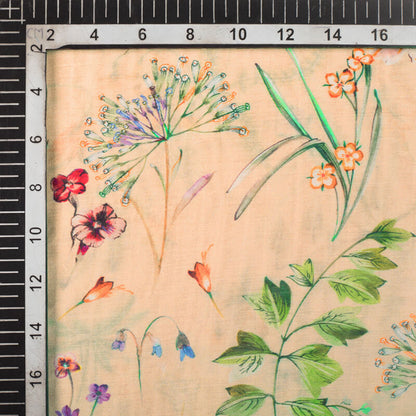 Peach And Olive Green Floral Pattern Digital Print Viscose Chanderi Fabric