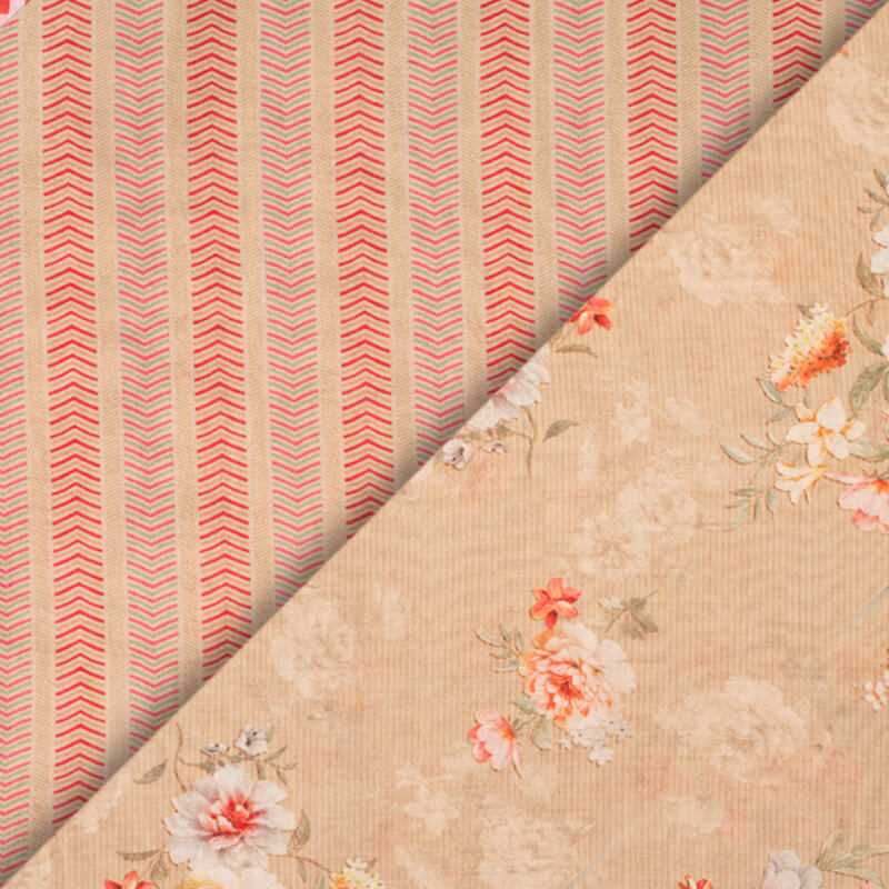 Sepia Beige And Pink Floral Pattern Digital Print Viscose Chanderi Fabric - Fabcurate