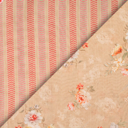 Sepia Beige And Fuchsia Pink Stripes Pattern Digital Print Viscose Chanderi Fabric - Fabcurate