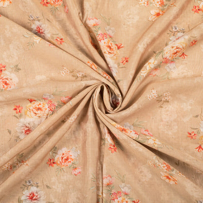Sepia Beige And Pink Floral Pattern Digital Print Viscose Chanderi Fabric - Fabcurate