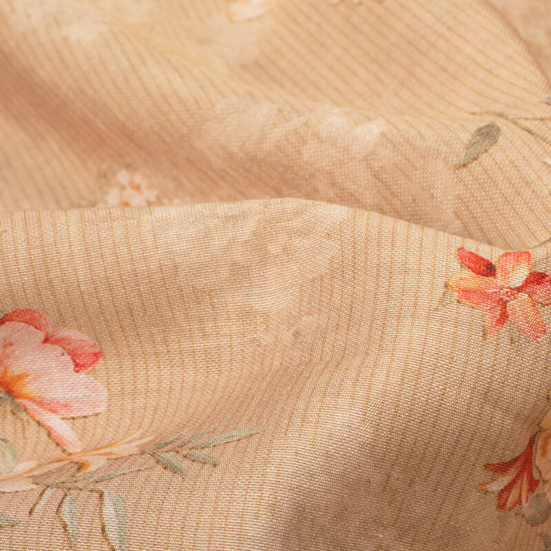 Sepia Beige And Pink Floral Pattern Digital Print Viscose Chanderi Fabric - Fabcurate