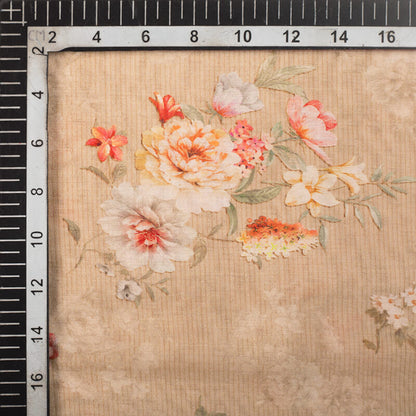 Sepia Beige And Pink Floral Pattern Digital Print Viscose Chanderi Fabric - Fabcurate