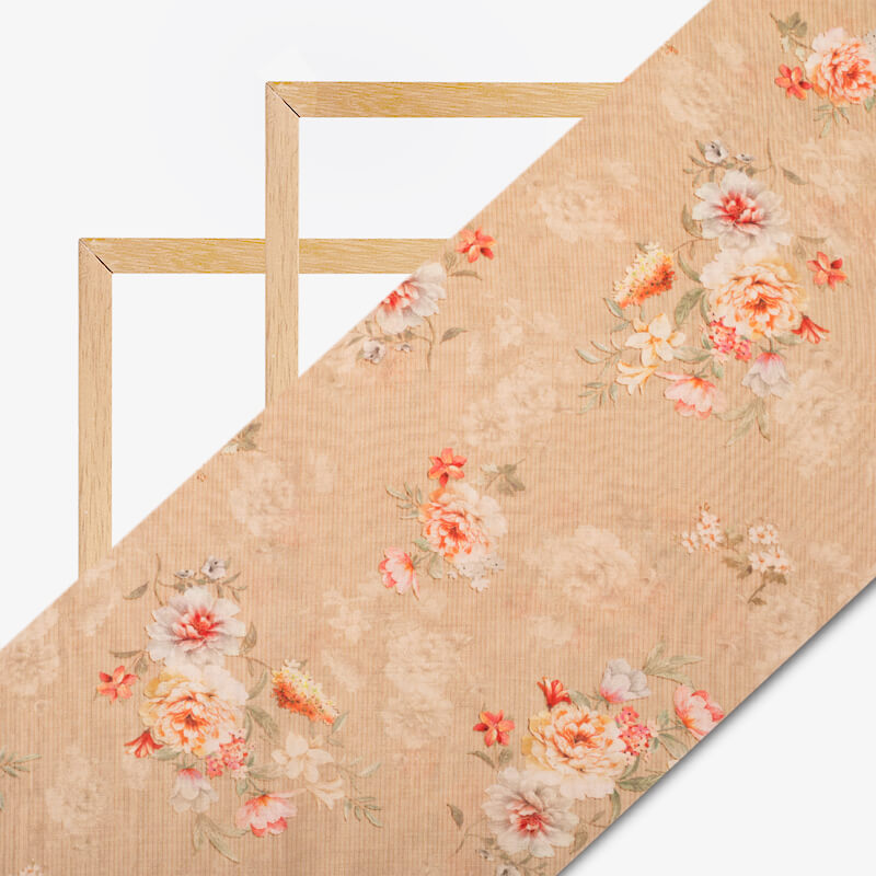 Sepia Beige And Pink Floral Pattern Digital Print Viscose Chanderi Fabric - Fabcurate