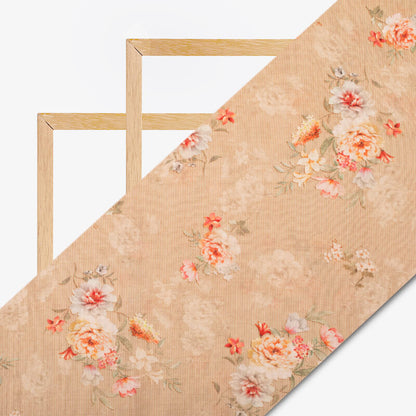 Sepia Beige And Pink Floral Pattern Digital Print Viscose Chanderi Fabric - Fabcurate