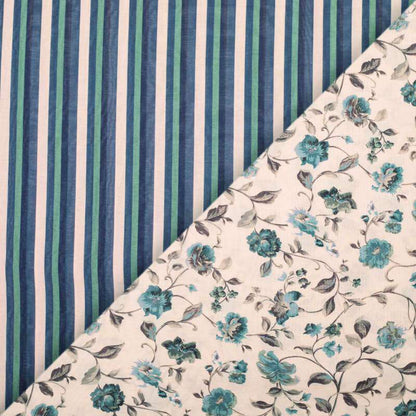Light Peach And Navy Blue Stripes Pattern Digital Print Viscose Chanderi Fabric - Fabcurate
