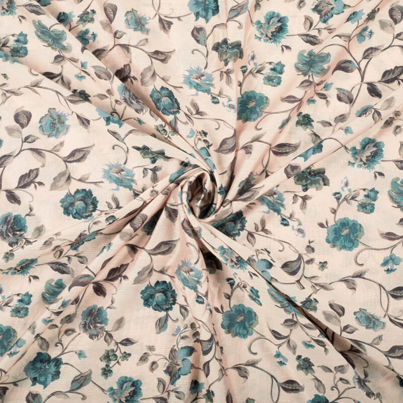Light Peach And Teal Blue Floral Pattern Digital Print Viscose Chanderi Fabric - Fabcurate