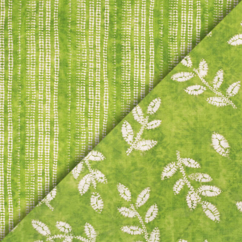 Parrot Green And Off White Leaf Pattern Digital Print Viscose Chanderi Fabric - Fabcurate