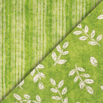 Parrot Green And Off White Leaf Pattern Digital Print Viscose Chanderi Fabric - Fabcurate