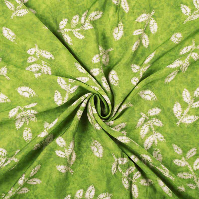 Parrot Green And Off White Leaf Pattern Digital Print Viscose Chanderi Fabric - Fabcurate