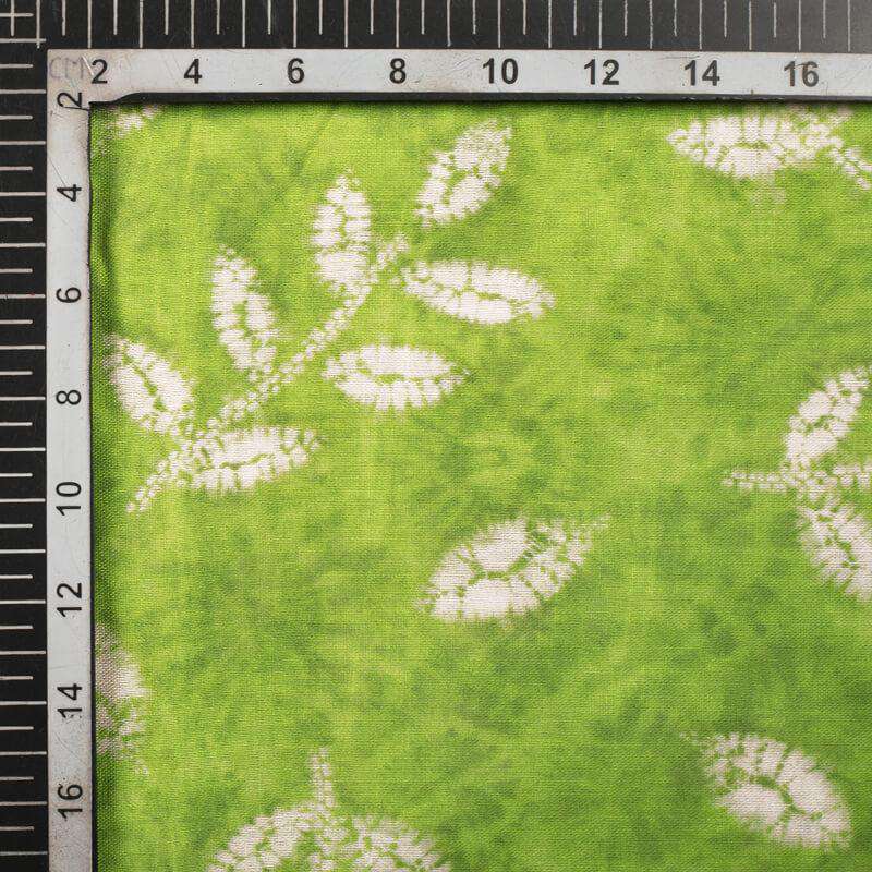 Parrot Green And Off White Leaf Pattern Digital Print Viscose Chanderi Fabric - Fabcurate