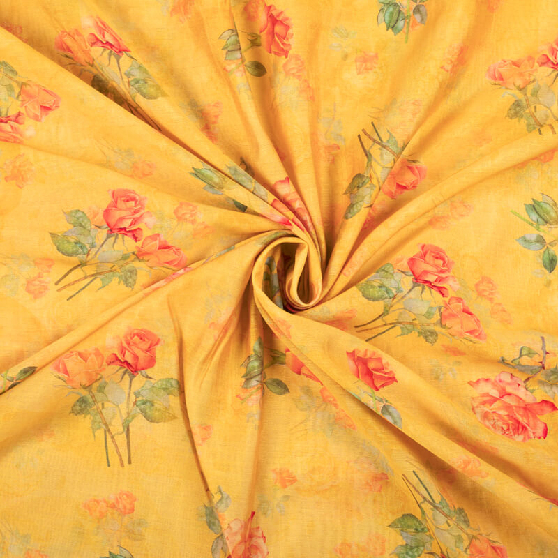 Mustard Yellow And Orange Floral Pattern Digital Print Viscose Chanderi Fabric - Fabcurate