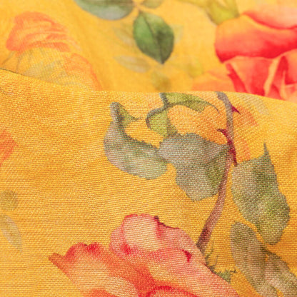 Mustard Yellow And Orange Floral Pattern Digital Print Viscose Chanderi Fabric - Fabcurate