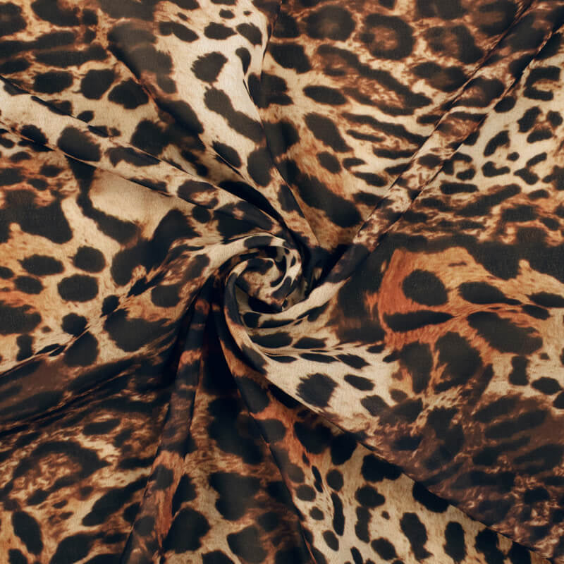 Black And Pecan Brown Leopard Animal Digital Print Georgette Fabric