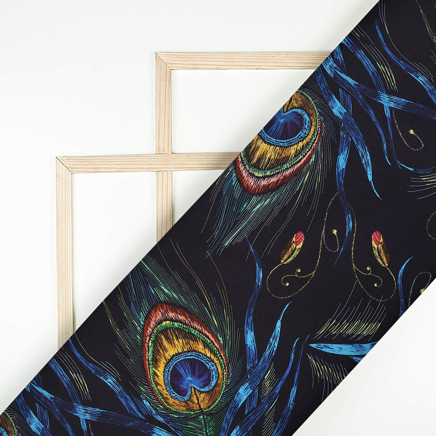Navy Blue And Mustard Yellow Peacock Feather Digital Print Modal Satin Fabric