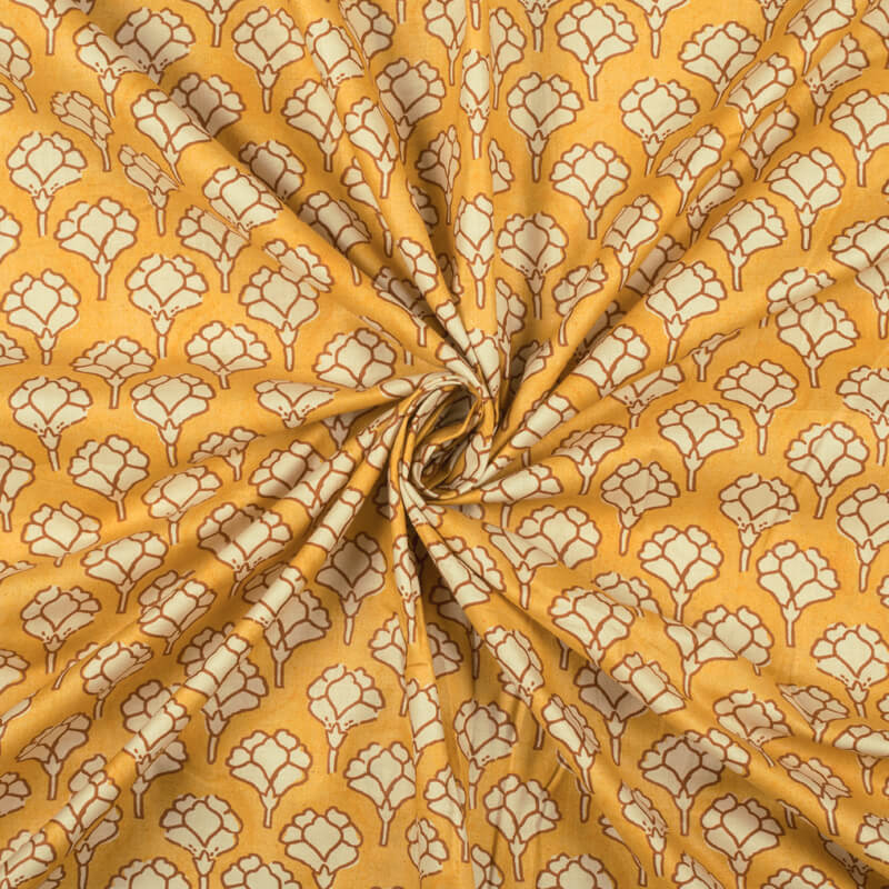 Mustard Yellow And Cream Ethnic Pattern Digital Print Cotton Cambric Fabric - Fabcurate