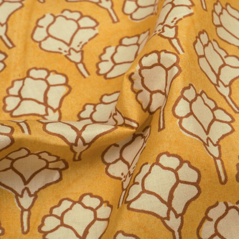 Mustard Yellow And Cream Ethnic Pattern Digital Print Cotton Cambric Fabric - Fabcurate