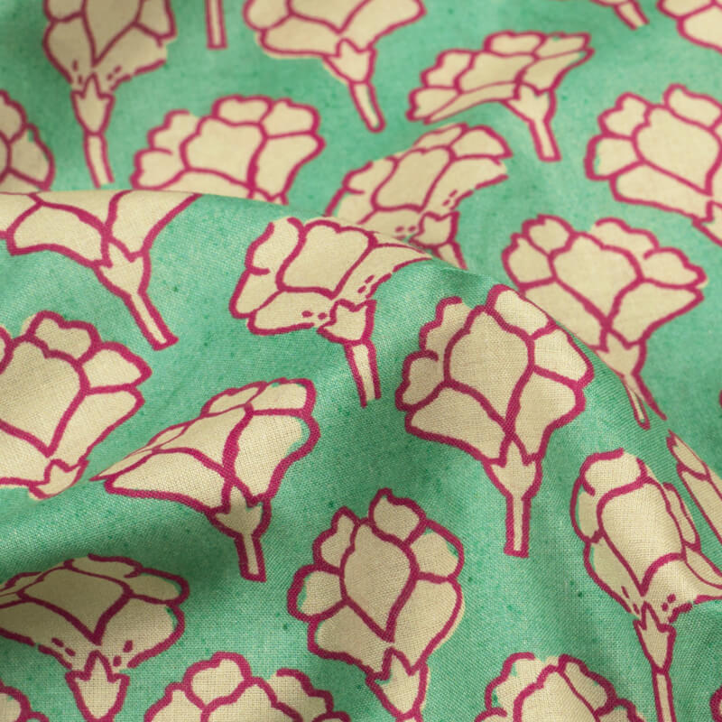 Tea Green And Cream Ethnic Pattern Digital Print Cotton Cambric Fabric - Fabcurate