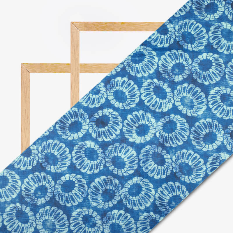 Aegean Blue And Off White Ethnic Pattern Digital Print Cotton Cambric Fabric - Fabcurate