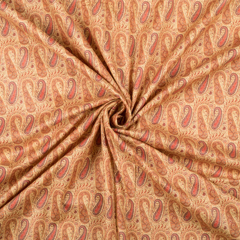 Dark Cream And Coral Peach Paisley Pattern Digital Print Cotton Cambric Fabric