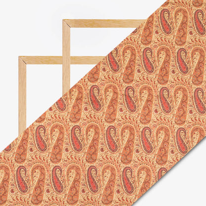 Dark Cream And Coral Peach Paisley Pattern Digital Print Cotton Cambric Fabric