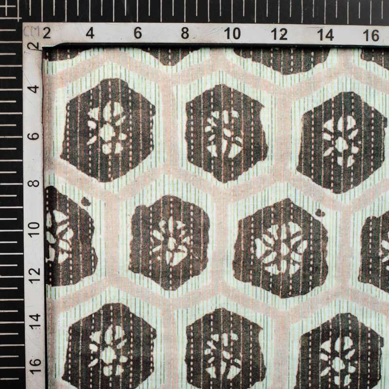 Snow White And Brown Geometric Pattern Digital Print Cotton Cambric Fabric - Fabcurate
