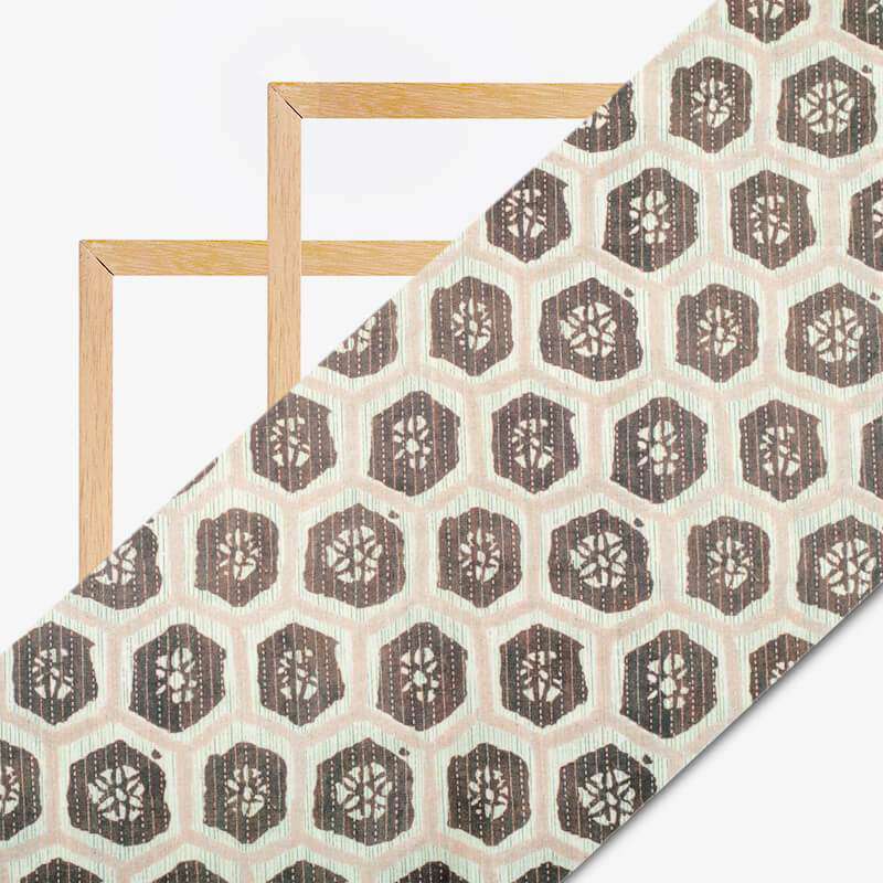 Snow White And Brown Geometric Pattern Digital Print Cotton Cambric Fabric - Fabcurate