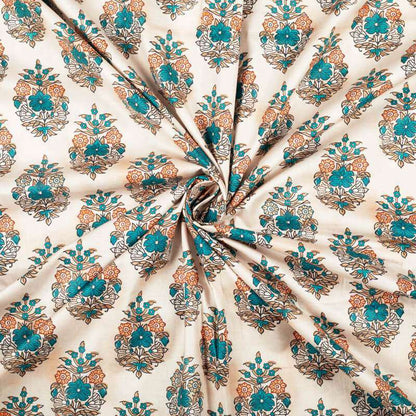 White And Teal Green Mughal Pattern Digital Print Cotton Cambric Fabric - Fabcurate