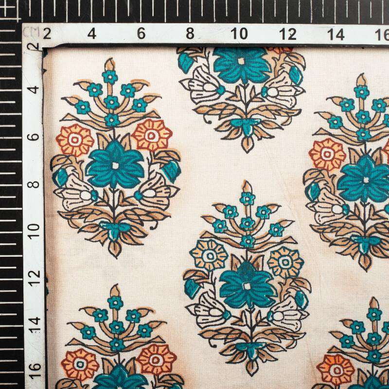 White And Teal Green Mughal Pattern Digital Print Cotton Cambric Fabric - Fabcurate