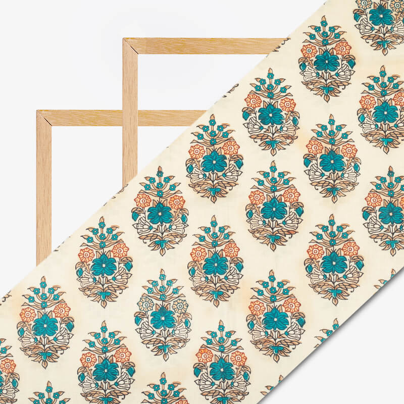 White And Teal Green Mughal Pattern Digital Print Cotton Cambric Fabric - Fabcurate