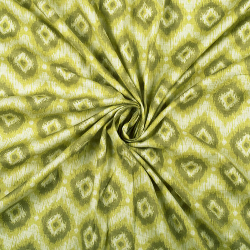 Pistachio Green And Olive Green Geometric Pattern Digital Print Cotton Cambric Fabric - Fabcurate