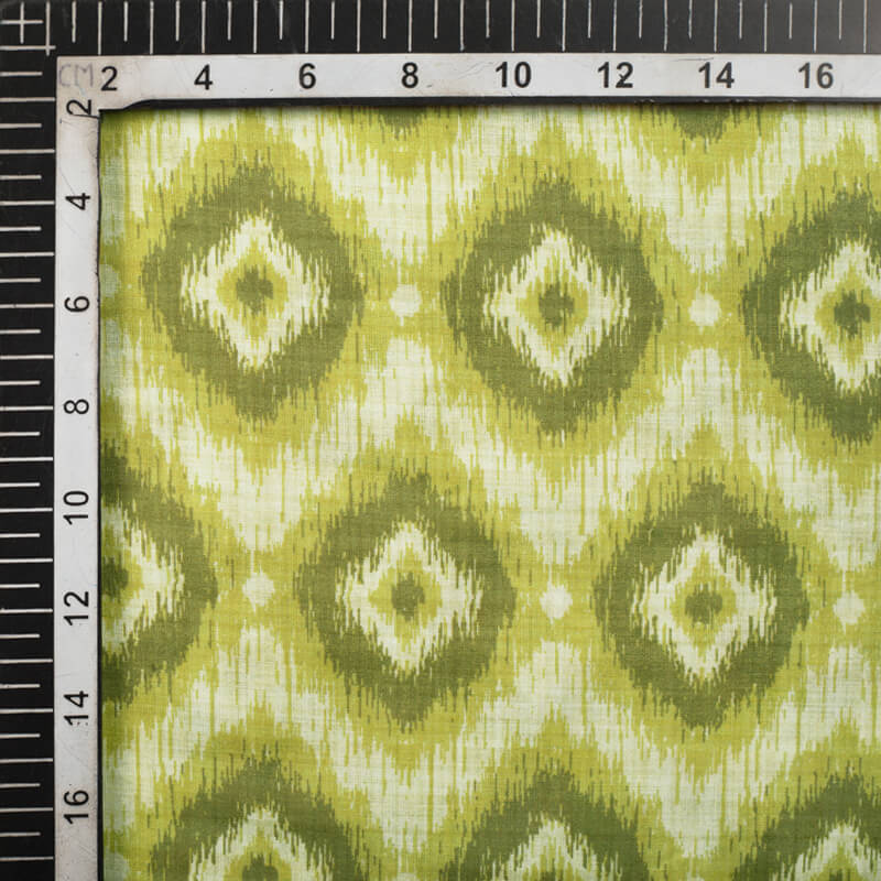 Pistachio Green And Olive Green Geometric Pattern Digital Print Cotton Cambric Fabric - Fabcurate