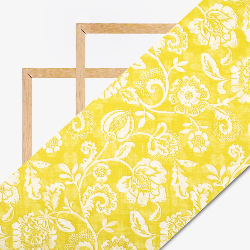 Lemon Yellow And White Floral Pattern Digital Print Cotton Cambric Fabric - Fabcurate