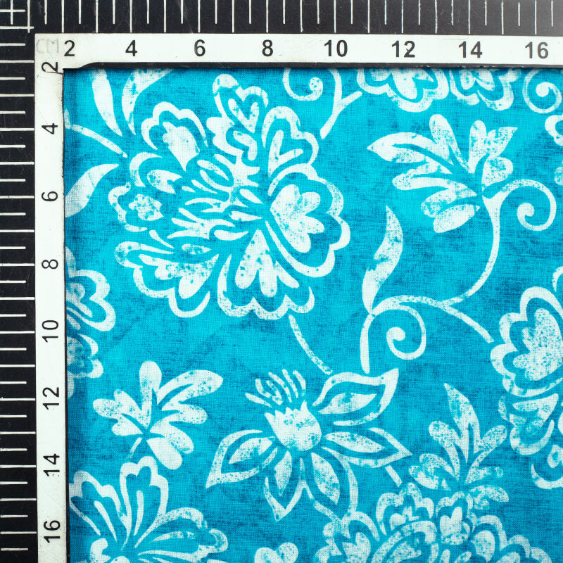 Sky Blue And White Floral Pattern Digital Print Cotton Cambric Fabric - Fabcurate