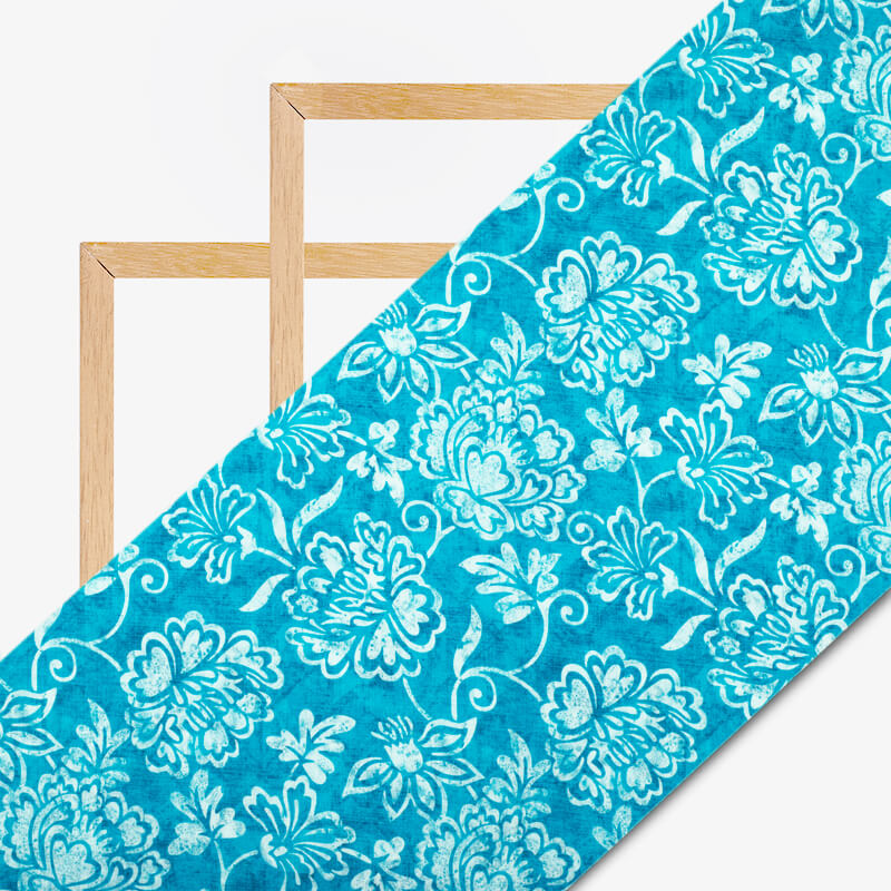 Sky Blue And White Floral Pattern Digital Print Cotton Cambric Fabric - Fabcurate